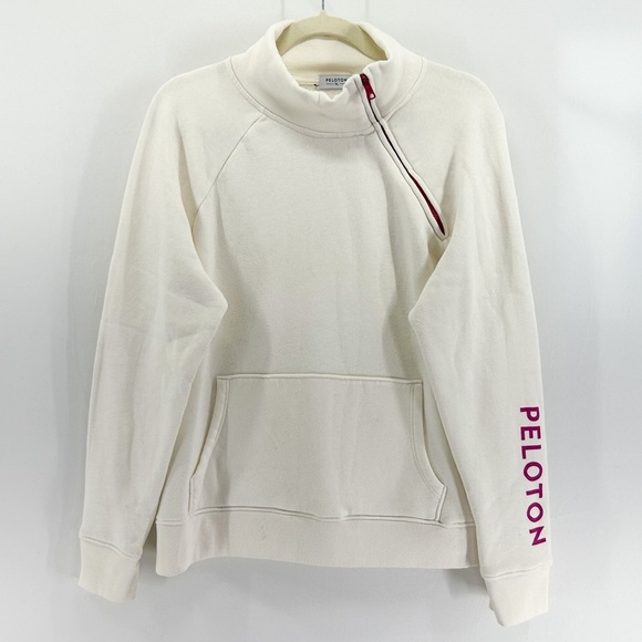 Peloton Tops - 𝅺Peloton White Mock Neck Side Zipper Sweatshirt Pink Logo